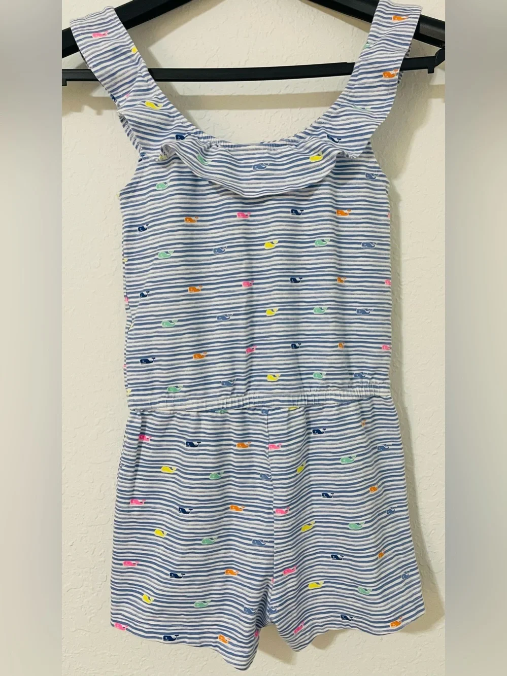 Vineyard Vines Girls Blue Stripe Whale Print Romper